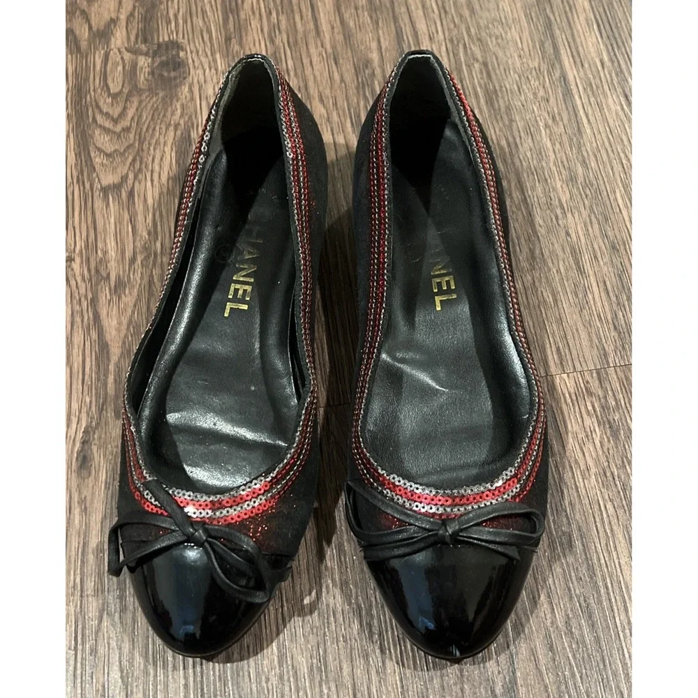 Chanel ballet flats Shoes Suede Color Ruby Glitter Patent size 36 Italy G5091